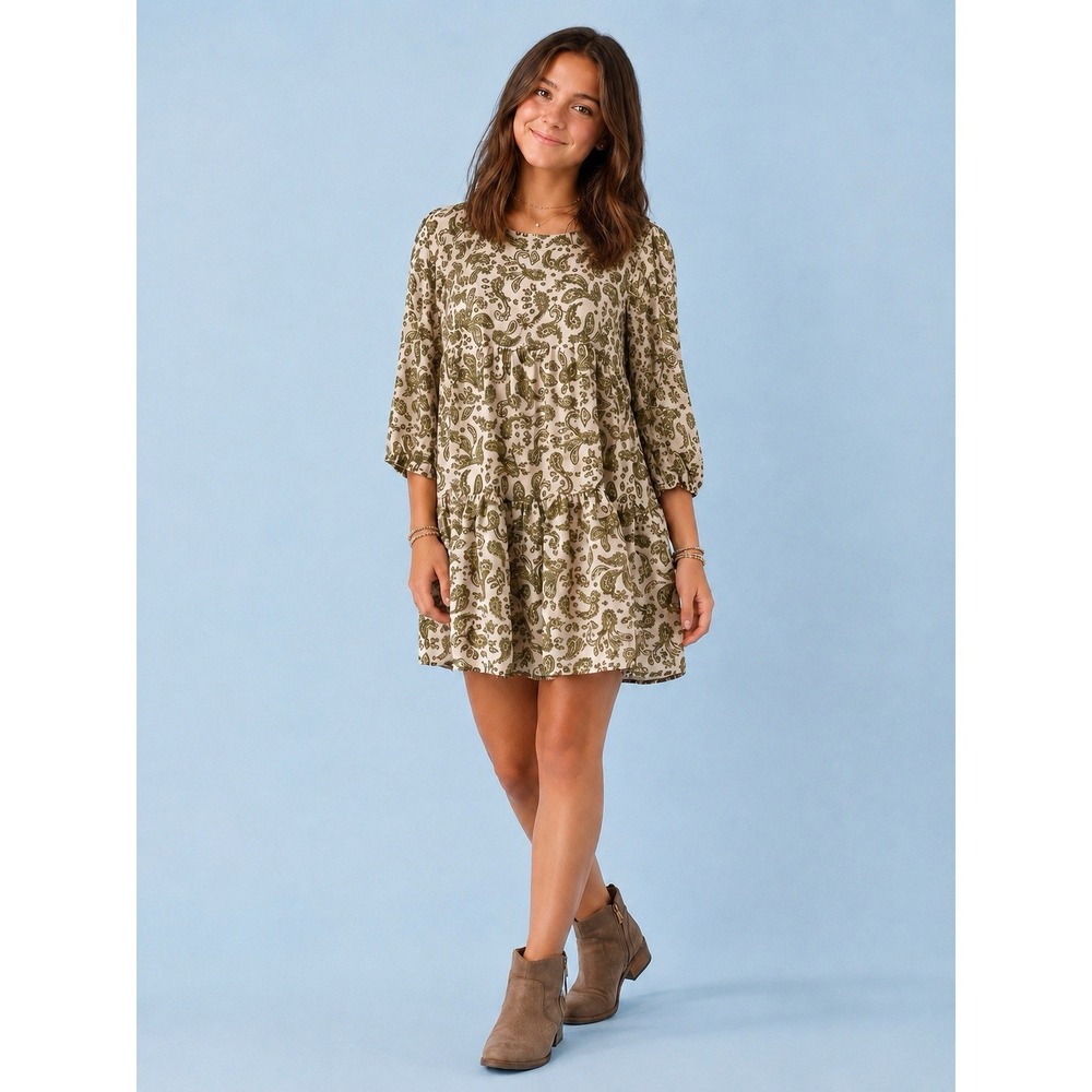 BB Dakota Steve Madden Paisley Green/ Beige Lined Baby Doll Dress Small Boho